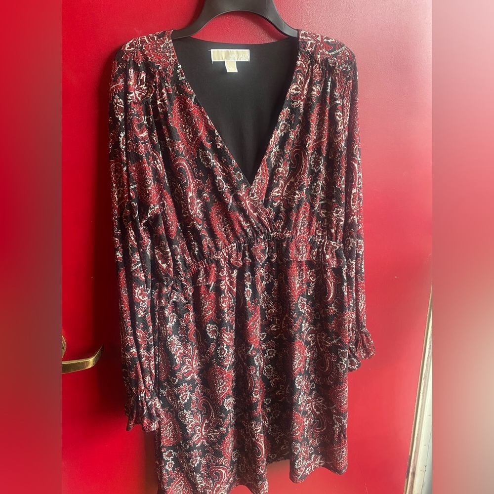 Perfect Fall Michael Kors Maroon black Paisley V-Neck Dress light knit dress XL